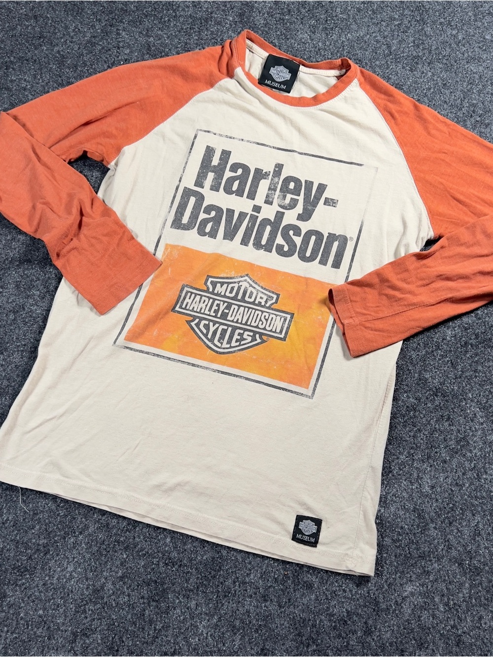 Harley Davidson Museum Raglan Shirt Womens M Orange Distressed Graphic